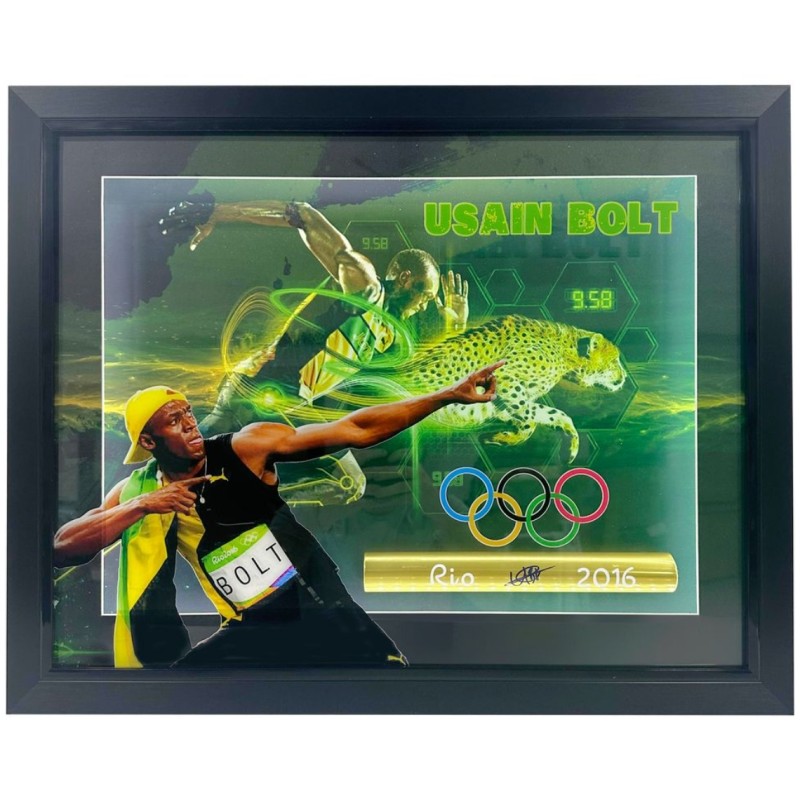 Usain Bolt firmato e incorniciato, bastone da corsa olimpico di Rio 2016