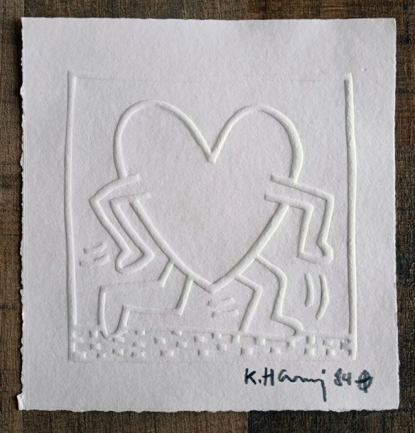 "Running Heart" Embossing Signed by Keith Haring