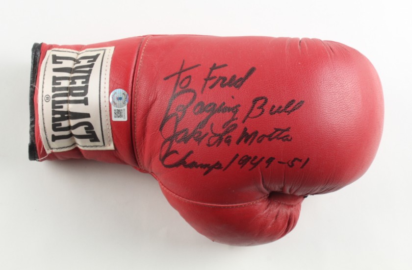 Jake LaMotta Signed and Personalized to Fred Boxing Glove 
