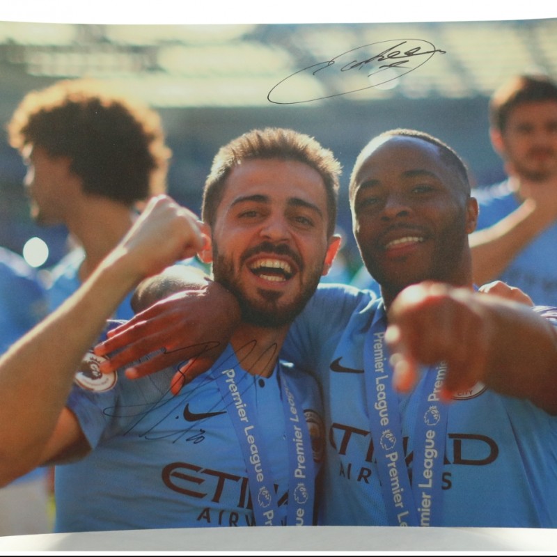 "Bernardo Silva & Raheem Sterling celebrating at Brighton" Signed Picture