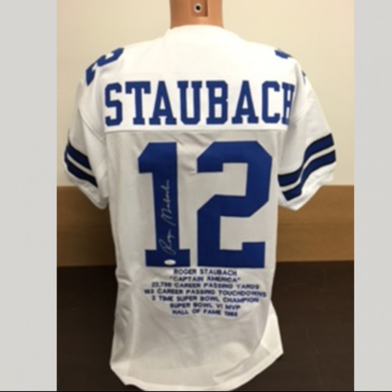 Roger Staubach Signed Dallas Cowboys Stats Jersey