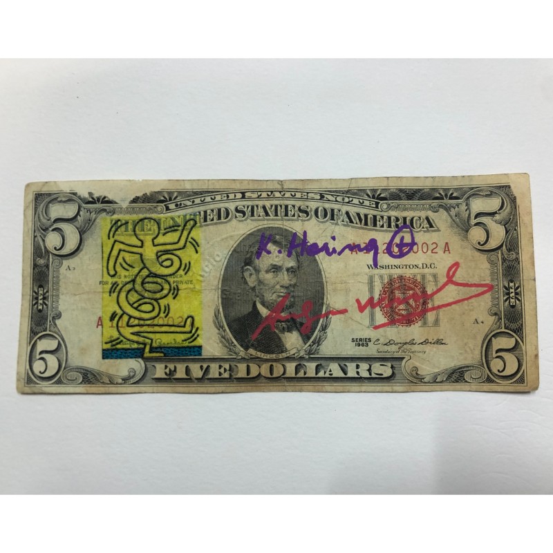 Dollars hand-drawn and signed by Keith Haring and Andy Warhol