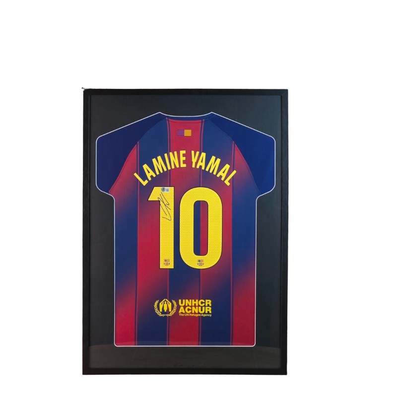 Maglia Barcellona Yamal in cornice deluxe di alta qualità - Autografata