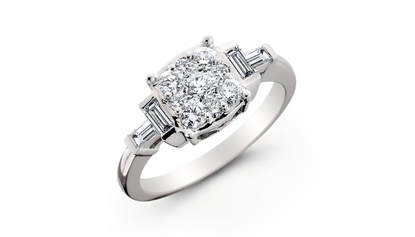 14KT White Gold Diamond Ring with Round and Baguette Diamonds