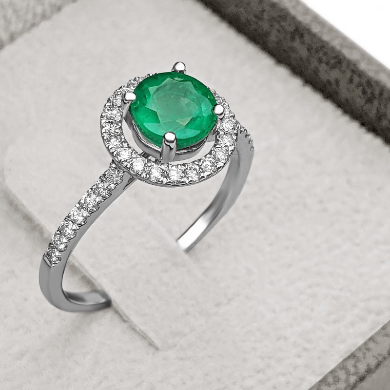 1.12 Carat Natural Emerald and 0.35 Ct Diamonds 14K White Gold Ring