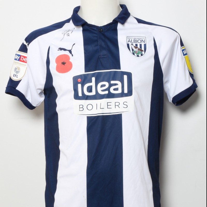 Tyrone Mears' West Bromwich Albion  Worn and Signed Home Poppy Shirt 