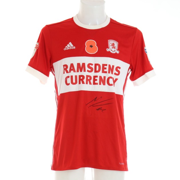 Marcus Tavernier's Middlesbrough Signed Home Poppy Shirt