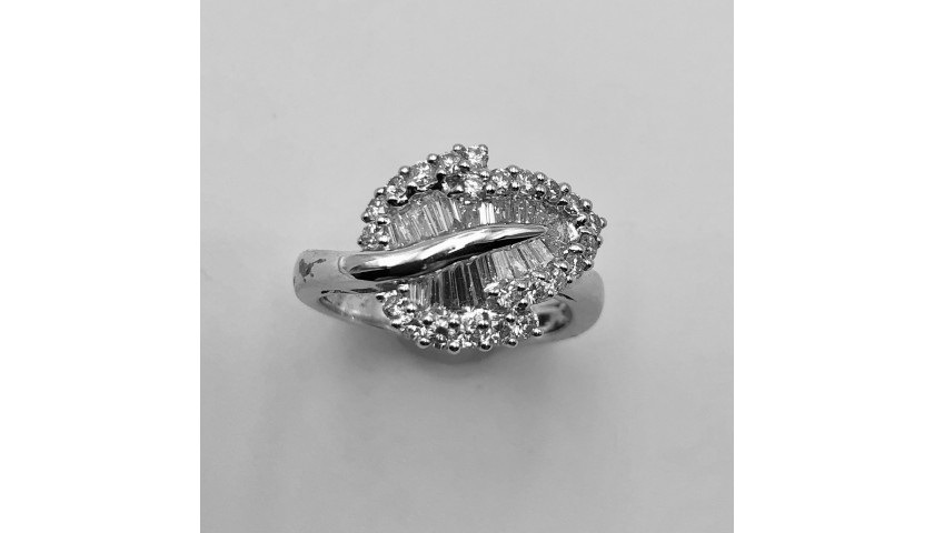 18KT White Gold Baguette and Round Diamond Ring with Leaf Design