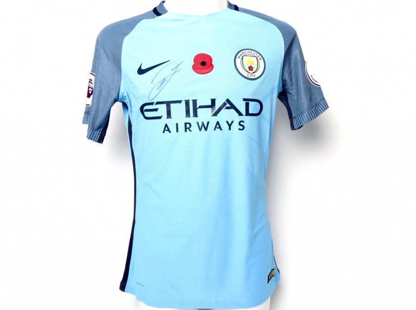 Sterling Worn and Signed Manchester City Poppy Shirt