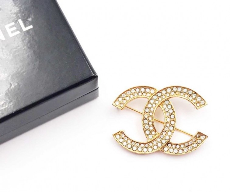 Chanel Classic Gold Plated CC Crystal Brooch - CharityStars
