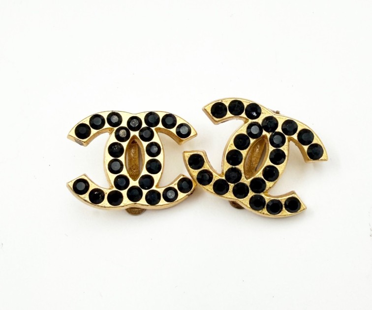 Chanel Vintage CC Black Crystal Clip on Earrings