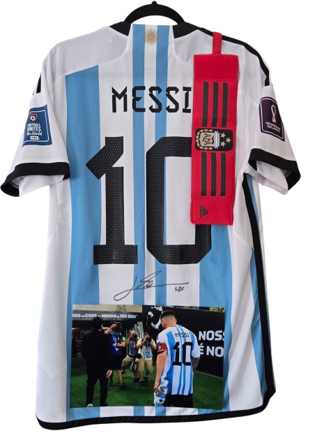 Messi's Argentina vs France Signed Official Shirt + Customized Captain's Armband, World Cup Finals 2022