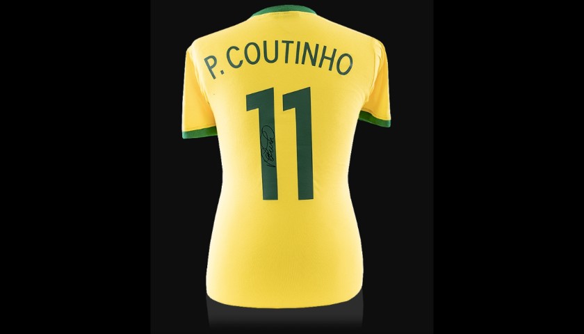 Philippe Coutinho Signed Retro Brazil Shirt With Fan Style Numbers
