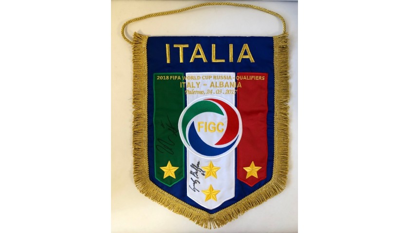 Official Pennant Italy-Albania 2017 - Signed by Buffon and De Rossi