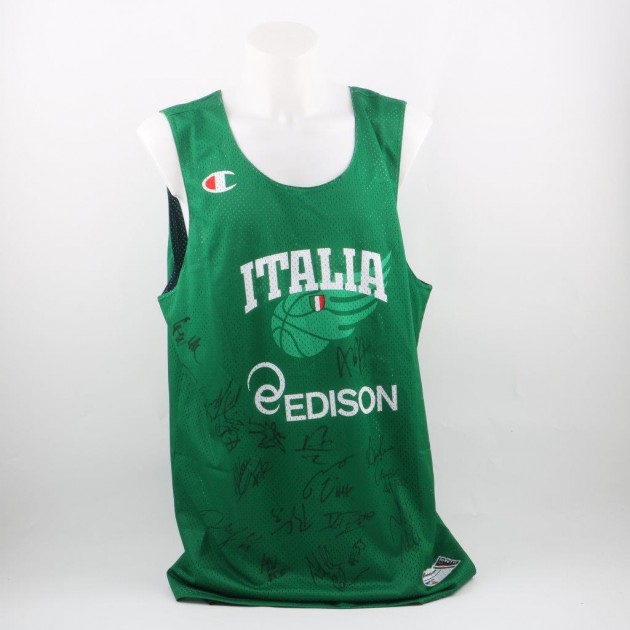 Worn green Italy basketball shirt signed by the Italy players