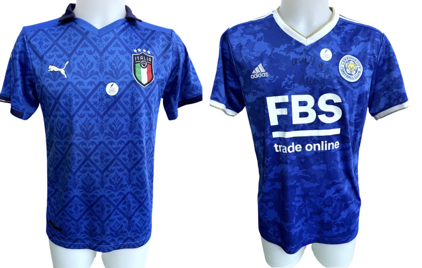 Collection of Two Italy and Leicester Replica Shirts - Signed by Pio Esposito and Jamie Vardy