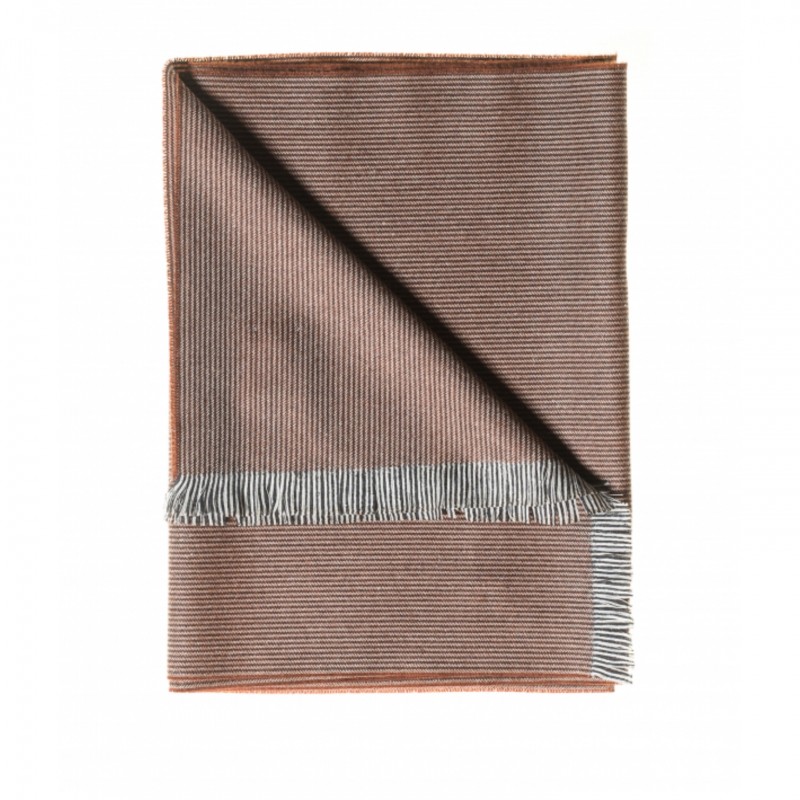 Cashmere and Wool Scarf with Brick Red and Grey Micro-Stripe Pattern