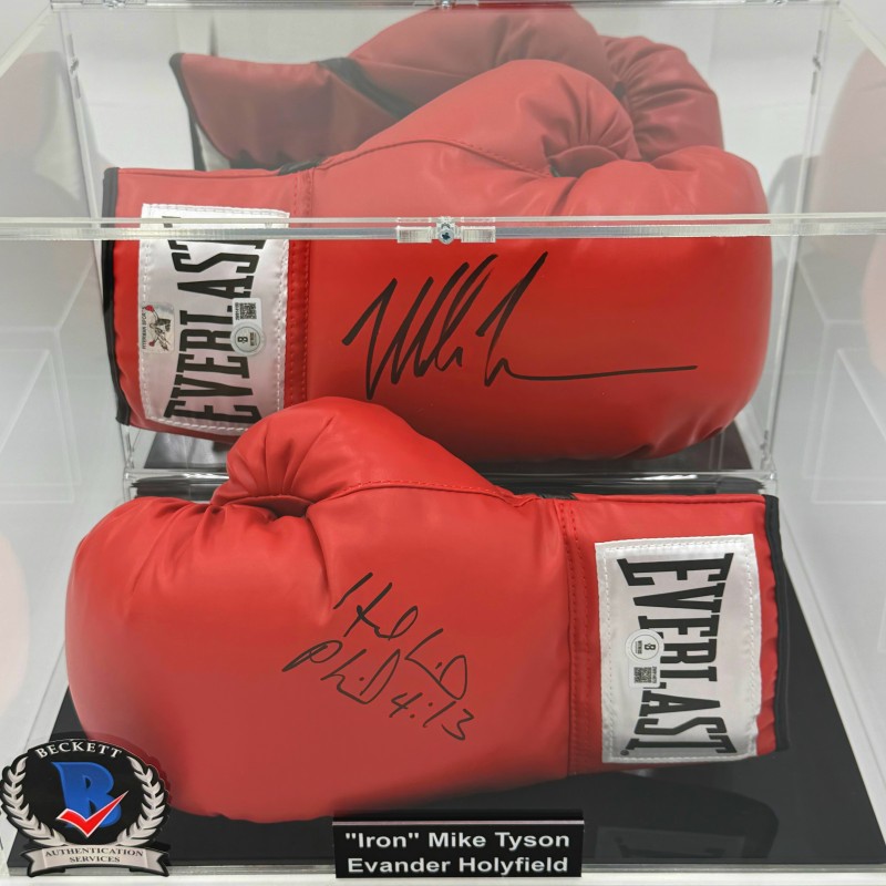 Mike Tyson vs. Evander Holyfield Signed XXL Boxing Gloves with Display