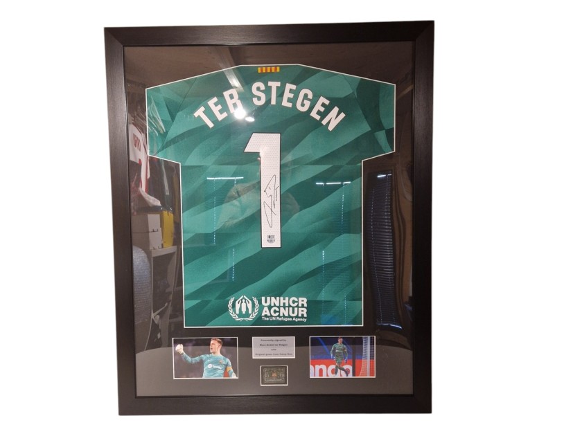 Marc-André ter Stegen's FC Barcelona 2023/24 Signed And Framed Shirt with Official Nou Camp Grass