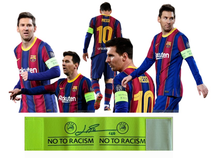 "No To Racism" Captain's Armband, Barcelona vs Juventus 2021 - Signed by Lionel Messi