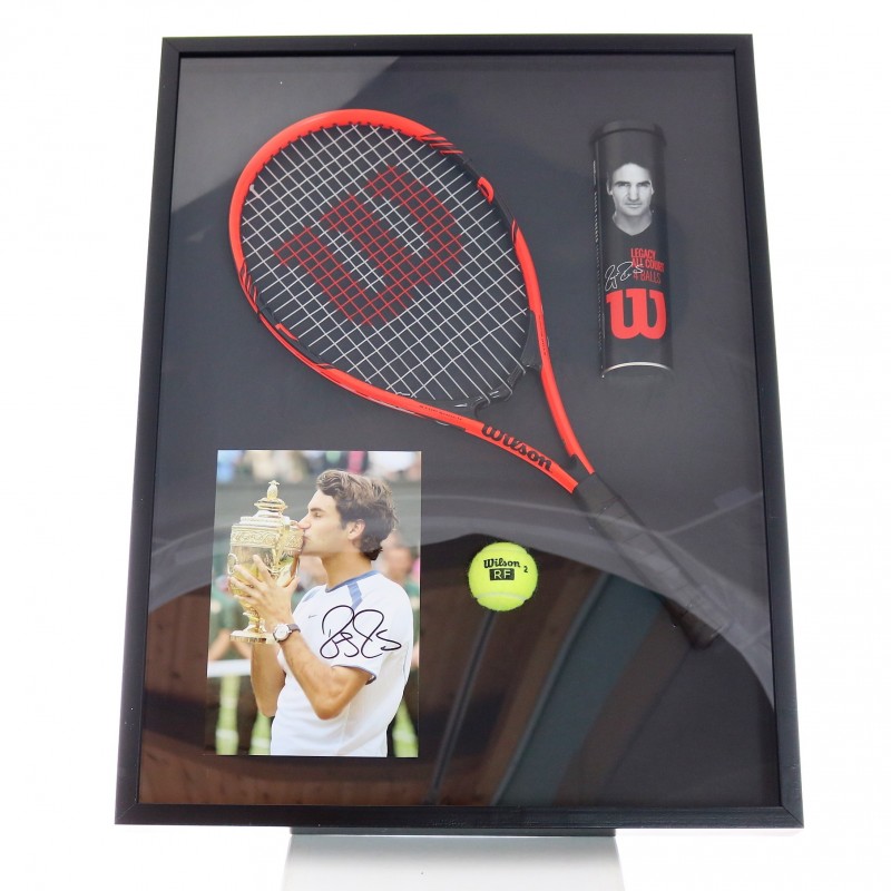 Roger Federer Ball, Racquet and Tube Montage + Signed Photograph