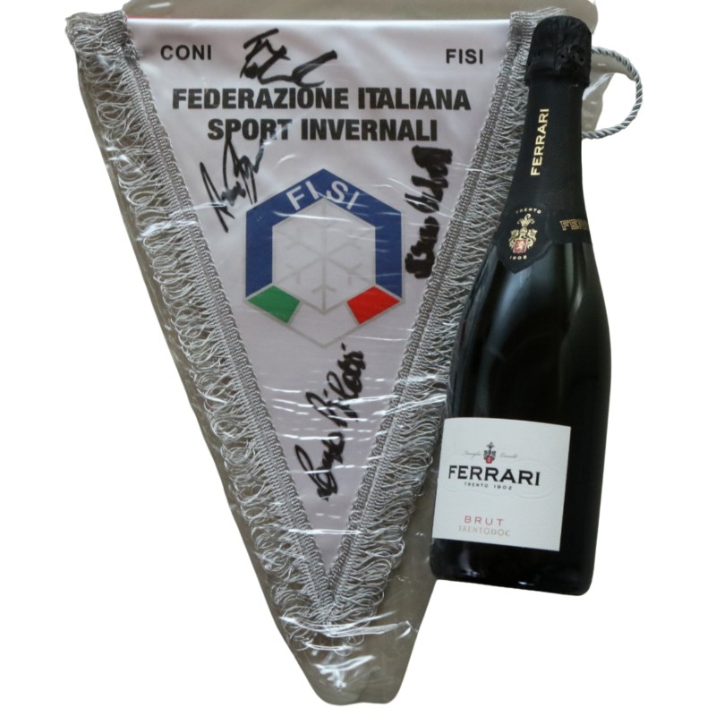 Bottle of Ferrari TrentoDOC + FISI Pennant – Signed by the Italian Bobsleigh Team Milano Cortina 2026
