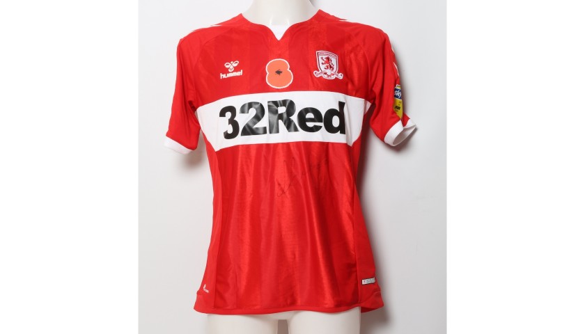 George Saville's Middlesbrough Worn and Signed Home Poppy Shirt 