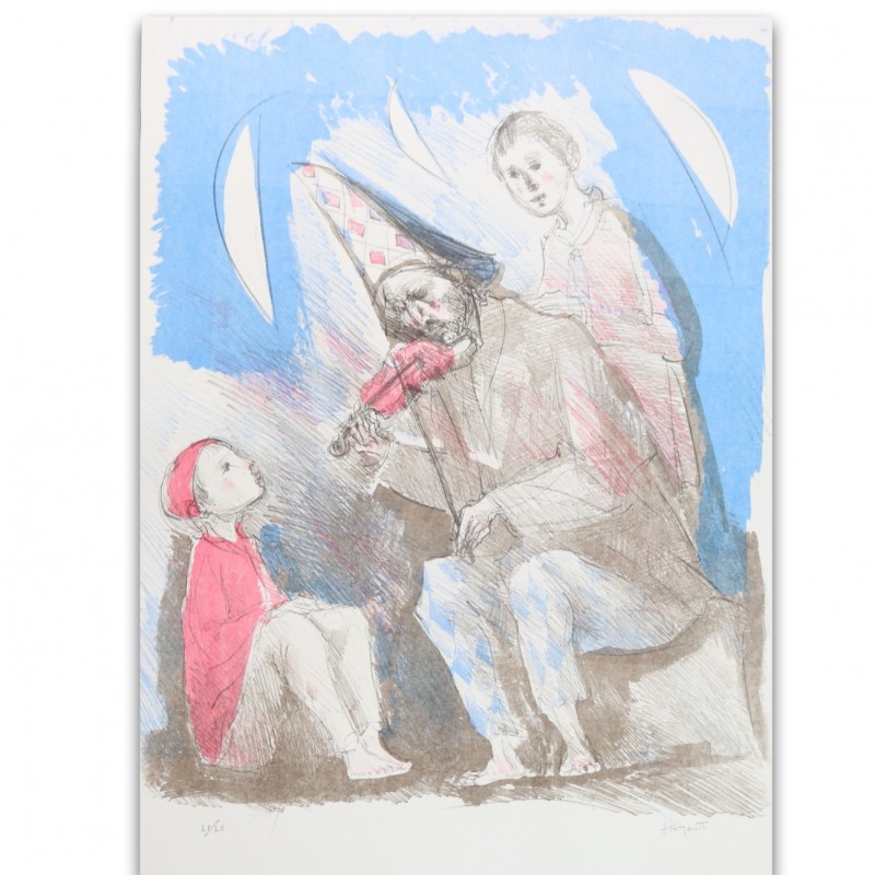 "Vecchio musicante e due bambini" - Lithograph on Stone by Trento Longaretti