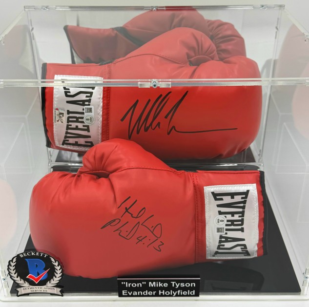 Mike Tyson vs. Evander Holyfield Signed XXL Boxing Gloves with Display