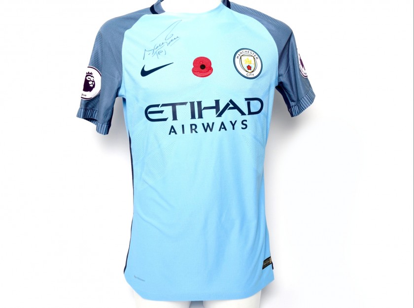 Kun Aguero Worn and Signed Manchester City Poppy Shirt