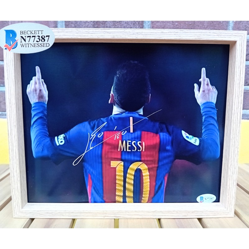 Immagine firmata e incorniciata di Messi dell'FC Barcelona