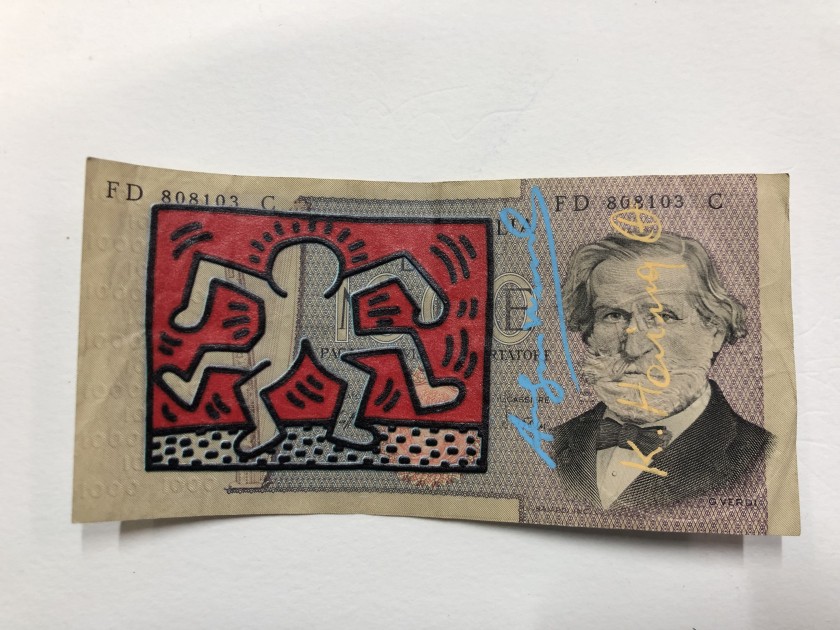 "Italian Lira" hand-drawn and signed Artwork by Keith Haring and Andy Warhol
