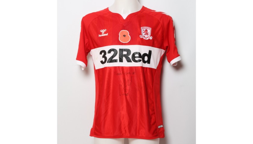 George Friend's Middlesbrough Worn and Signed Home Poppy Shirt 