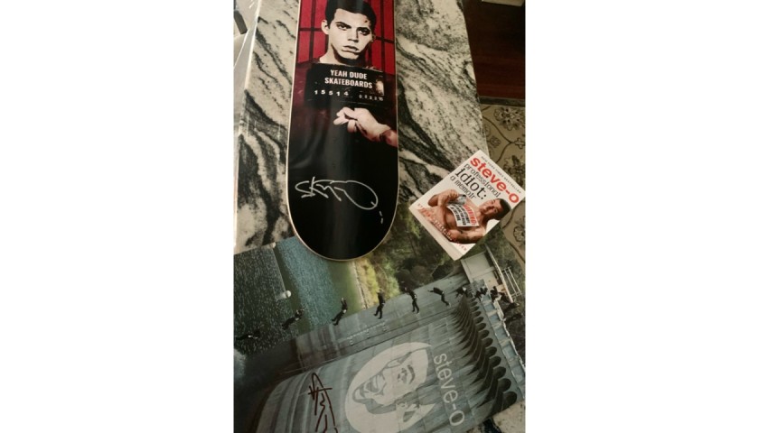 Skateboard, Poster and Book Signed by Steve-O