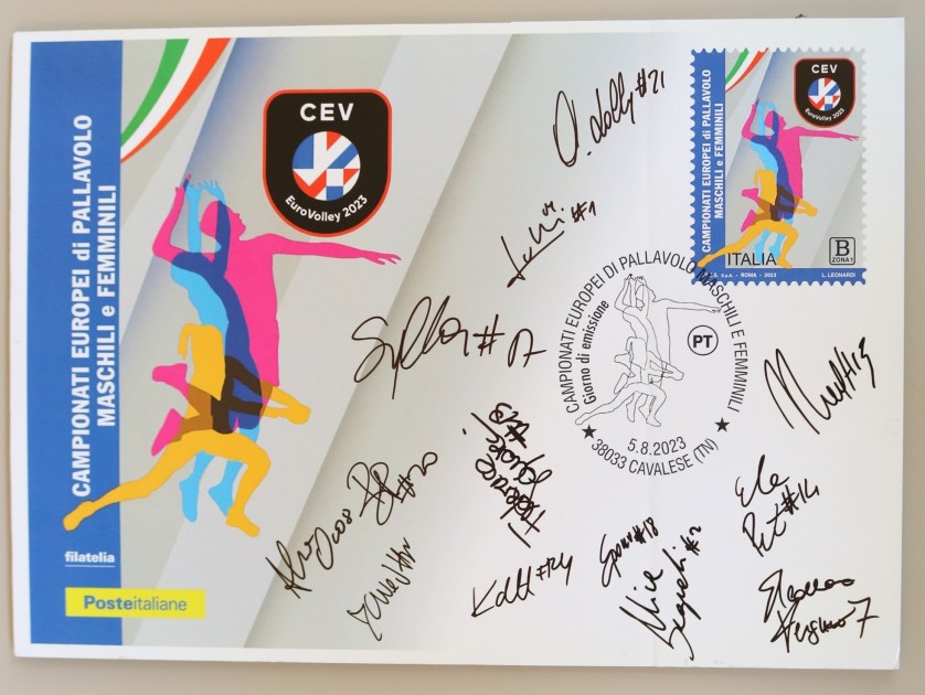Postcard reproduction with philatelic cancellation on the day of issue of the stamp - autographed by the Women's National Volleyball Team