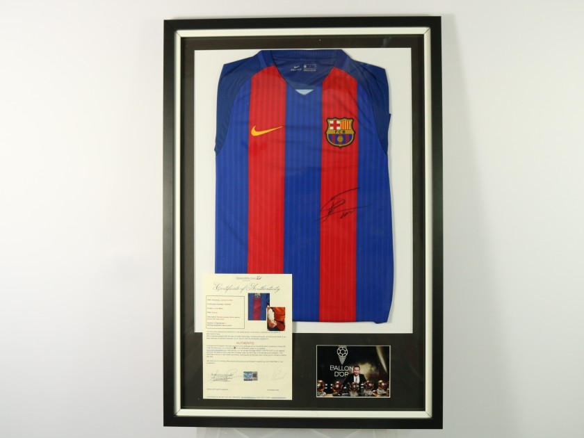Official Barcelona Shirt, 2016/17 - Signed by Lionel Messi and framed