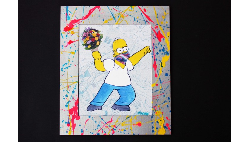Homer Flower Thrower vs Banksy - Original Artwork by Mercury