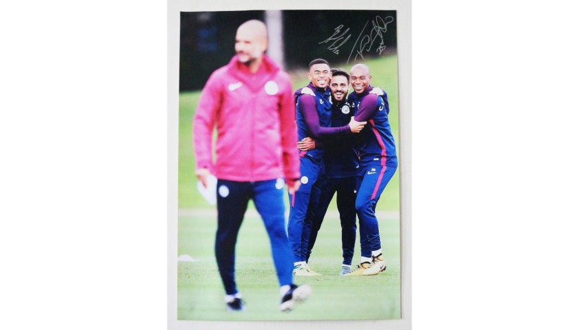  Pep Guardiola, Gabriel Jesus, Fernandinho and Bernardo Silva Manchester City FC A2 Signed Photograph
