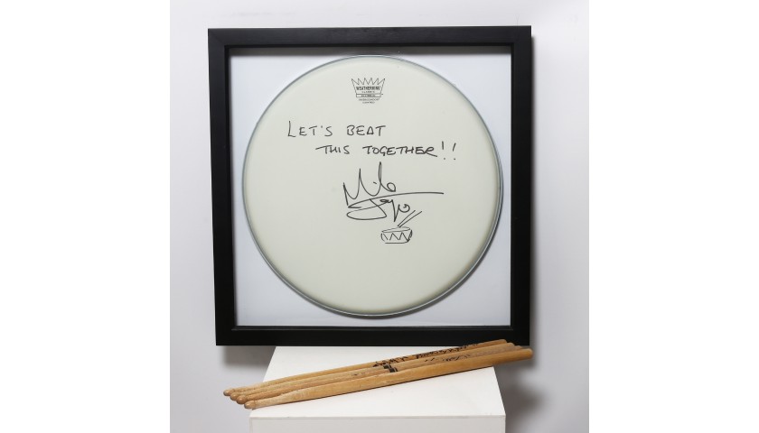 Mike Joyce, The Smiths Signed and Framed Drum Head, Sticks and Postcards 