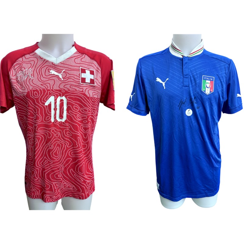 Collection of Two Italy and Switzerland Official and Replica Shirts - Signed by Xherdan Shaqiri and Gianluigi Buffon