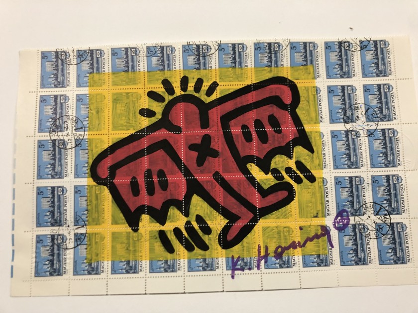 Drawing by Keith Haring on Sheet of Stamps