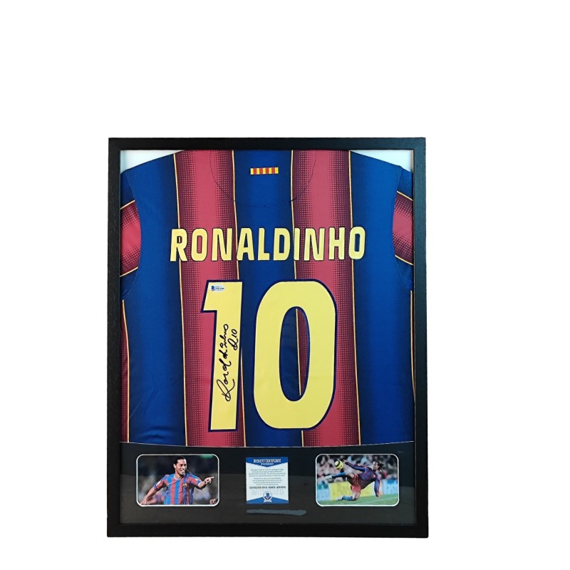 Ronaldinho's FC Barcelona Signed Shirt in a Deluxe High-Quality Frame