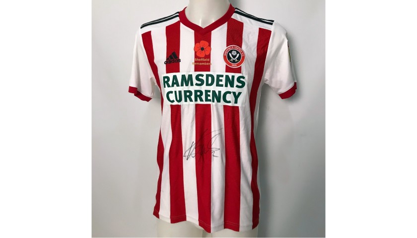 George Baldock's Sheffield United Worn and Signed Poppy Home Shirt 