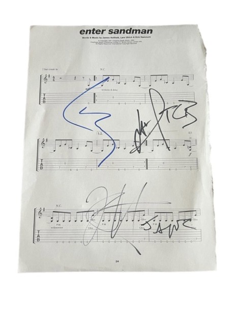 Spartito musicale "Enter Sandman" autografato dai Metallica