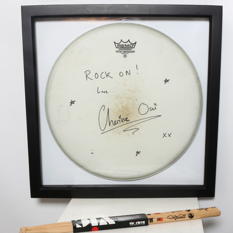 Cherisse Osei, Simple Minds Signed and Framed Drum Head and Sticks