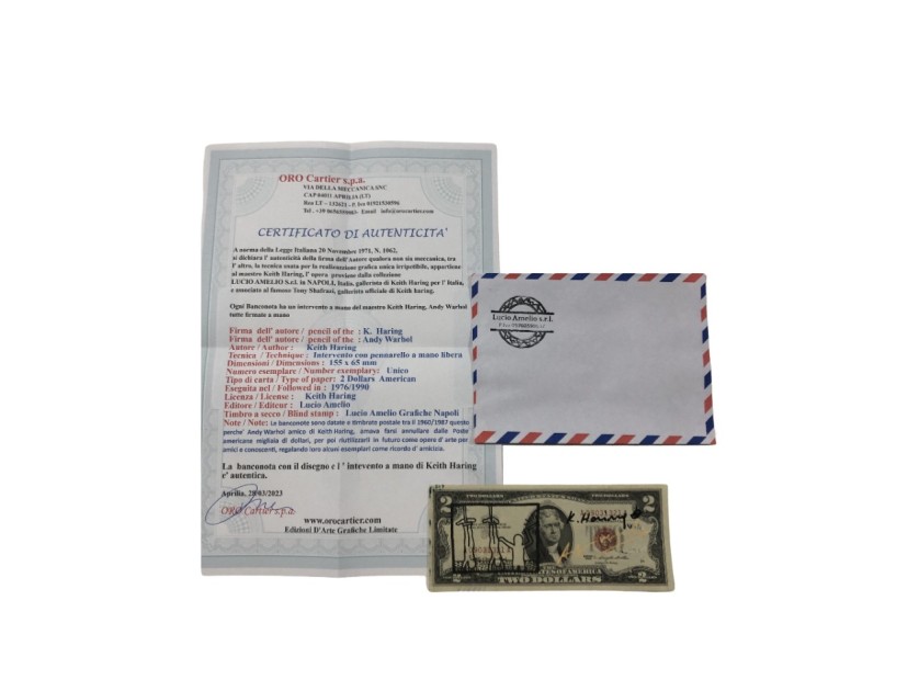 Two-Dollar Bill Hand Signed by Keith Haring and Andy Warhol