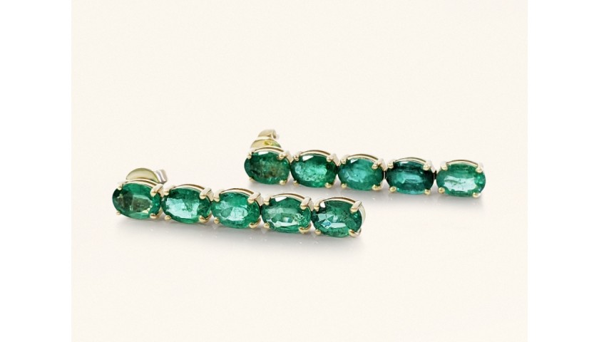 6.48 Carat Long Emerald 14K Gold Earrings