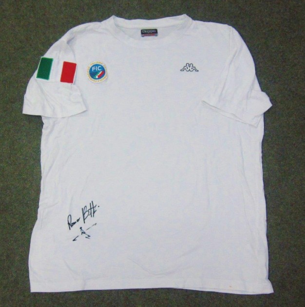 T-shirt ufficiale Federazione Italiana Canottaggio, autografata da Romano Battisti