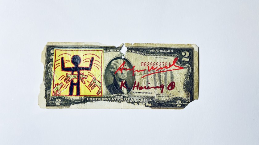 Two dollars screen-printed banknote hand-signed by Keith Haring and ...