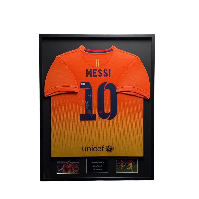 Maglia da trasferta firmata e incorniciata di Lionel Messi del Barcellona 2013/14